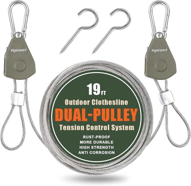 Vigorport Outdoor Retractable Clothesline Portable Travel Clothes Line Wire Ropes with PVC Coating Heavy Duty Rope Pully System for Camping, RV, Indoor Backyard（19Ft） - Image 1
